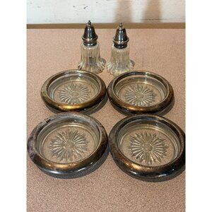 Set 4 Lenord Italy Vintage 1960 sunburst glass coaster silver plated rim w S&P